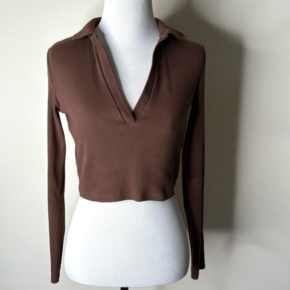 Zara Brown Long Sleeve Crop Polo Top - Picture 2 of 7